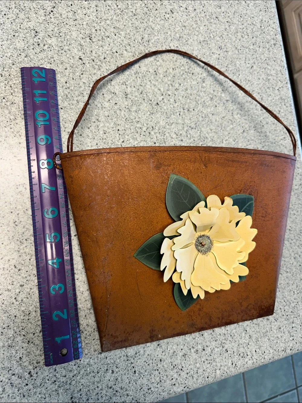 Rust Metal Hanging Planters with Cream Flower Accent